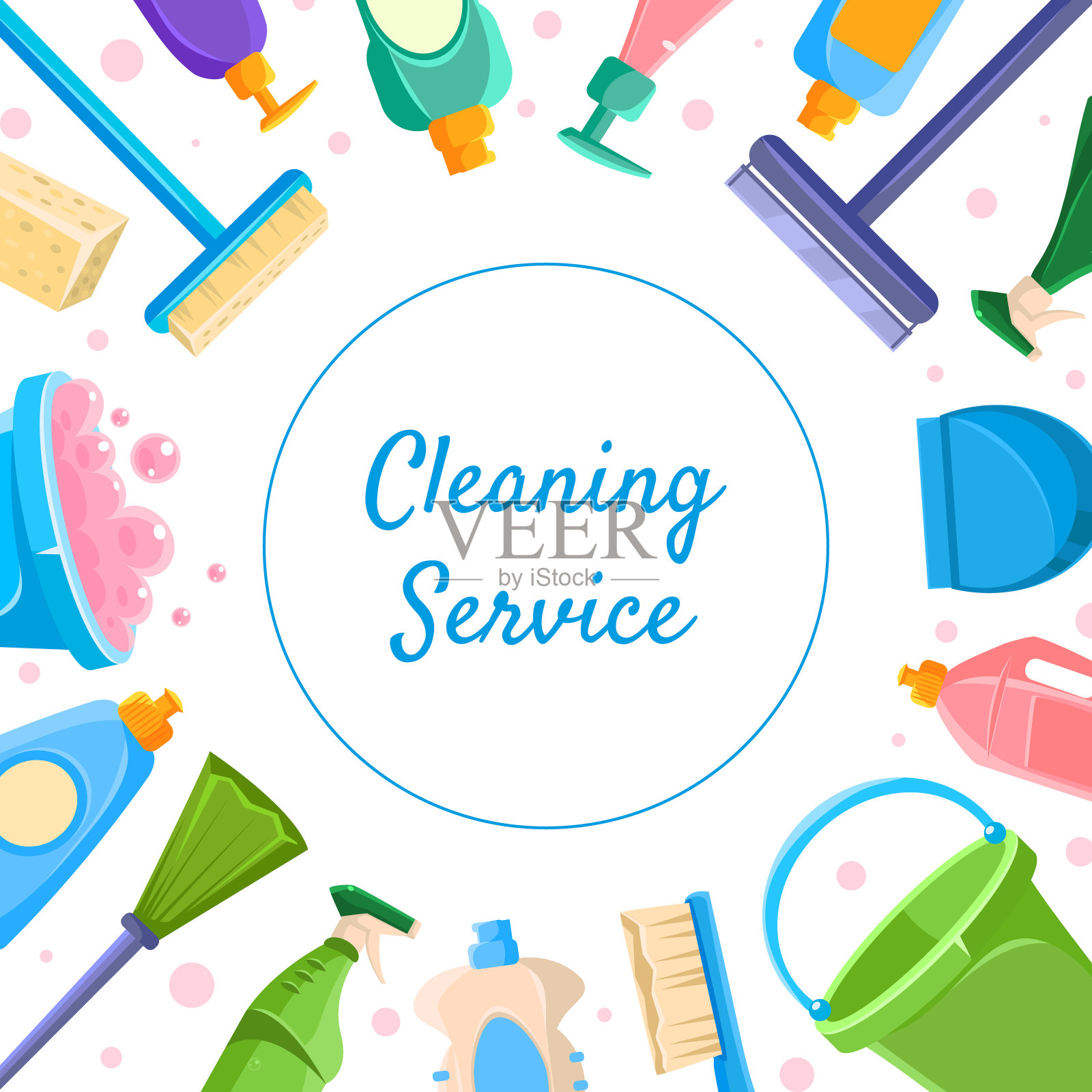 清洁服务横幅模板,各种清洁工具和洗涤剂产品矢量插图插画素材